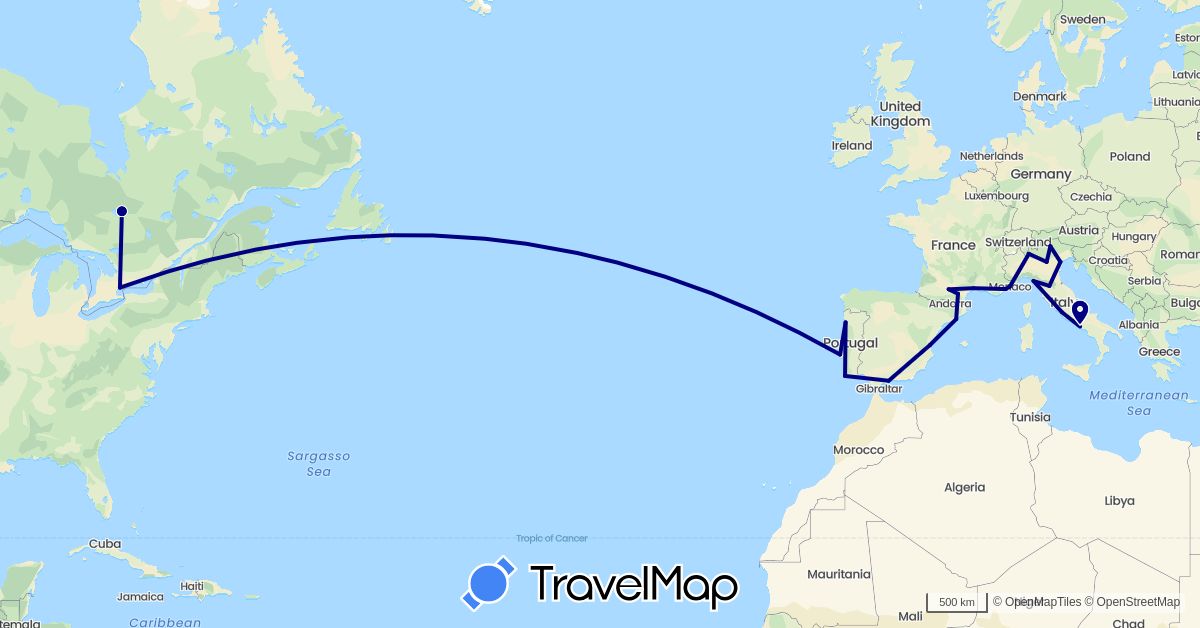 TravelMap itinerary: driving in Canada, Spain, France, Italy, Monaco, Portugal (Europe, North America)