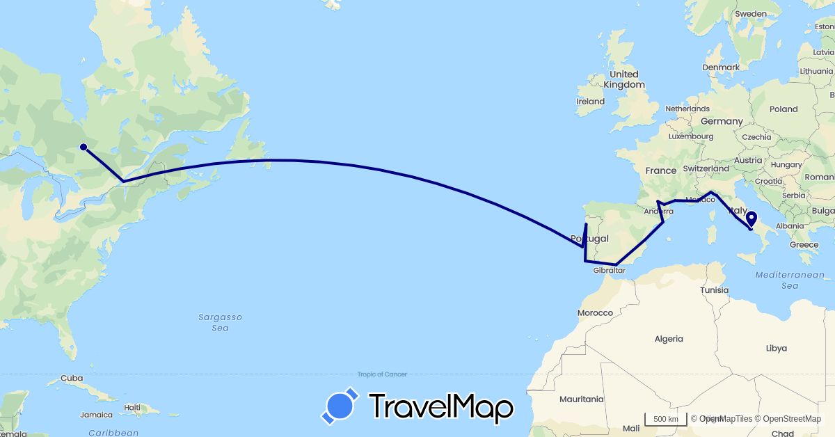 TravelMap itinerary: driving in Canada, Spain, France, Italy, Monaco, Portugal, Vatican City (Europe, North America)